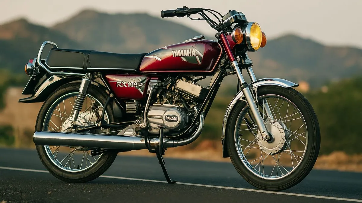 Yamaha RX 100 side view with chrome exhaust