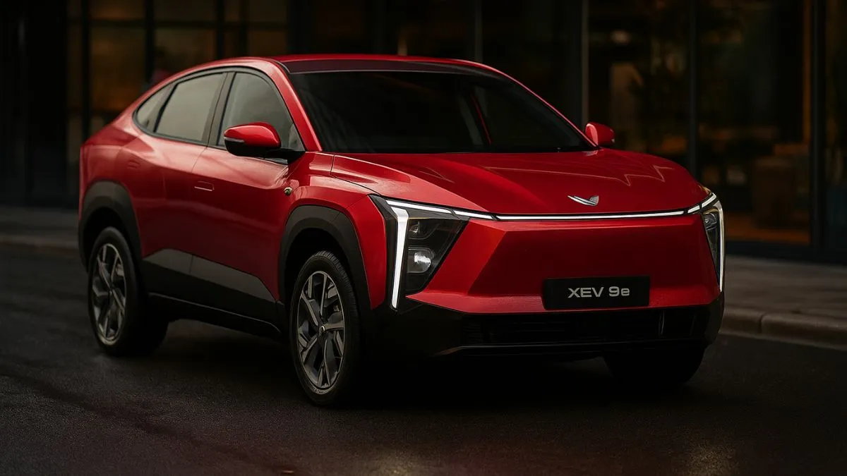 Mahindra XEV 9e electric SUV front design with LED lightbar